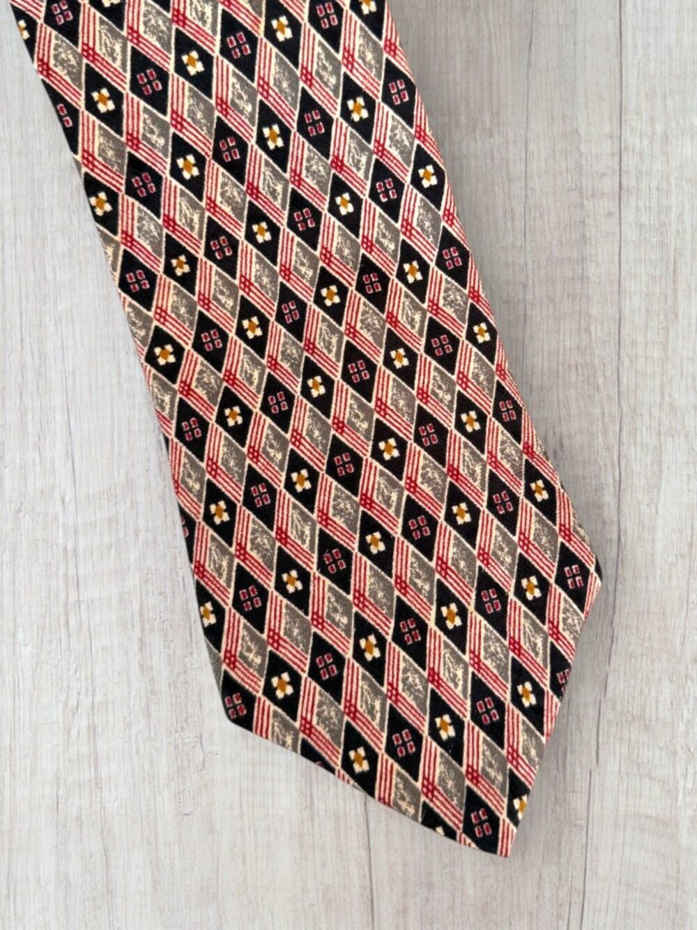 Christian Dior Cravate Vintage Silk Tie Burgundy Black Gray Gold Geometric 4.25"